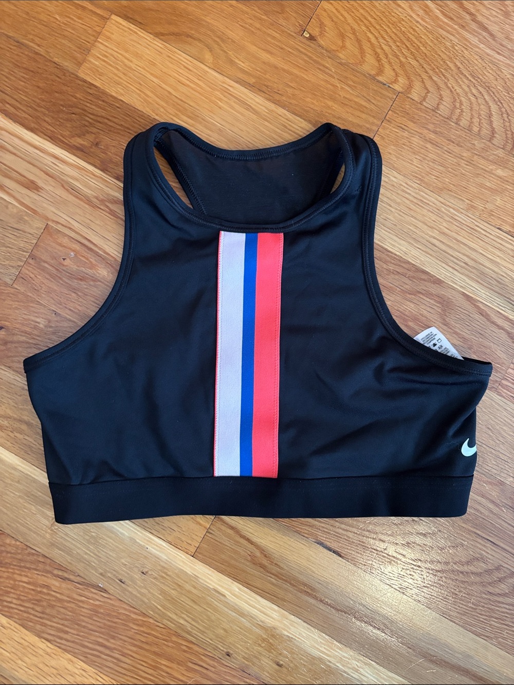 Nike Black Racerback Sports Bra with Red, White & Blue Center Stripe